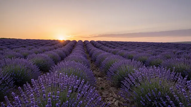 Rows of vibrant lavender stretch toward a glowing golden sunset over the horizon