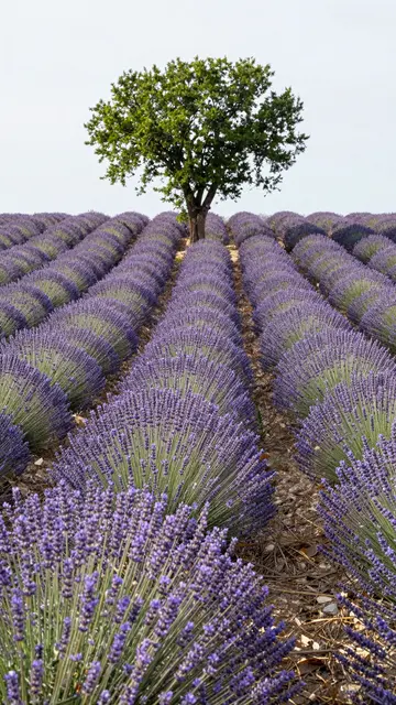 Neat rows of blooming lavender stretch toward a lone leafy tree under a pale overcast sky
