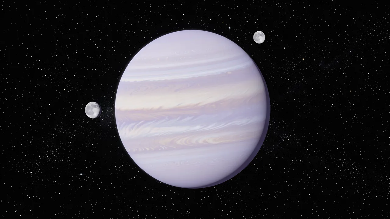 A pale lavender banded gas giant floats in starry space flanked by two small gray moons
