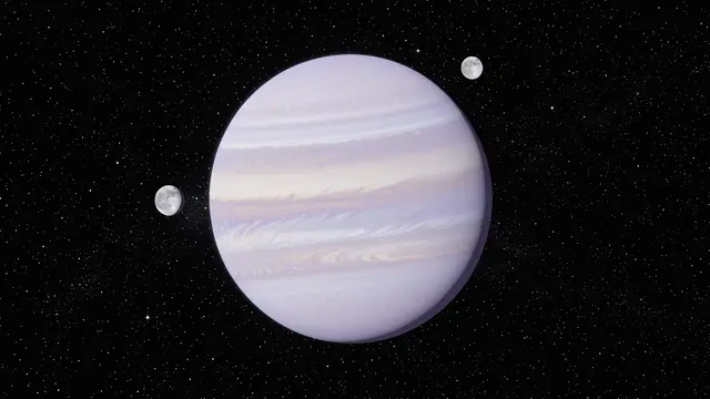 A pale lavender banded gas giant floats in starry space flanked by two small gray moons
