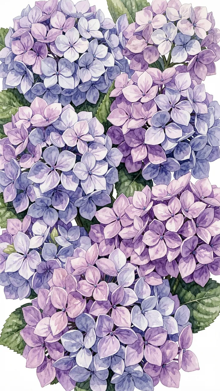 Vertical watercolor illustration filled with overlapping lilac, periwinkle and purple hydrangea blooms and green leaves