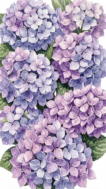 Vertical watercolor illustration filled with overlapping lilac, periwinkle and purple hydrangea blooms and green leaves