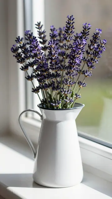 Purple lavender stems arranged in a white enamel pitcher on a sunlit windowsill