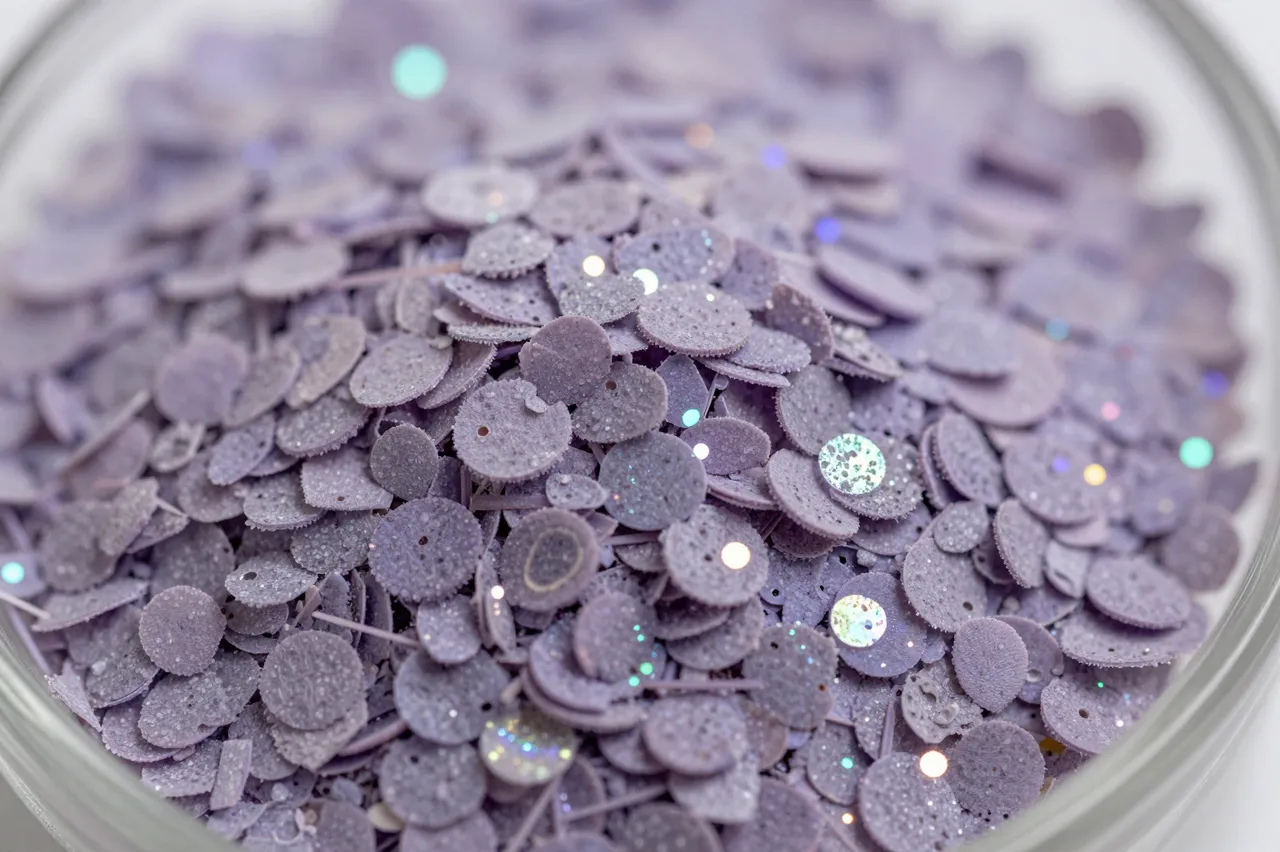 Close-up macro view of chunky iridescent lavender glitter flakes held inside a clear glass container