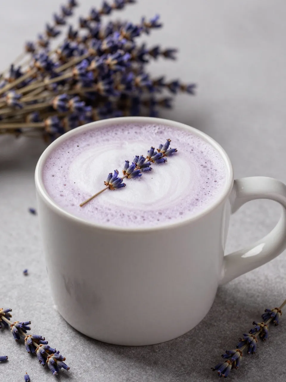 A frothy honey lavender latte in a plain white ceramic mug garnished with dried lavender sprigs.