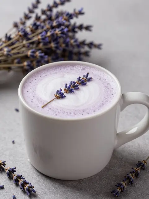 A frothy honey lavender latte in a plain white ceramic mug garnished with dried lavender sprigs.