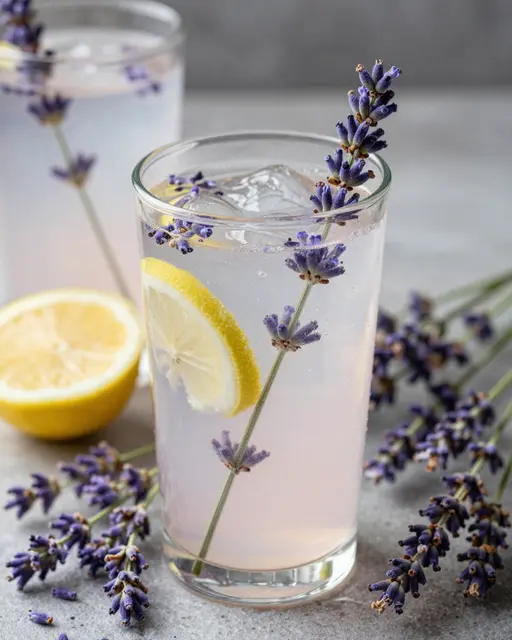 Tall glass of iced lavender lemonade with lemon slice and lavender sprigs on a gray stone surface