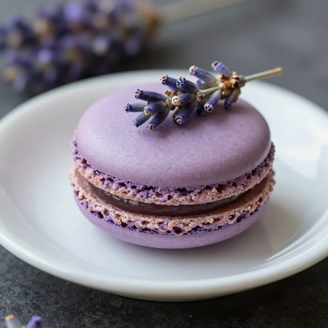 A close-up of a purple lavender macaron topped with a fresh lavender sprig resting on a small white ceramic plate.