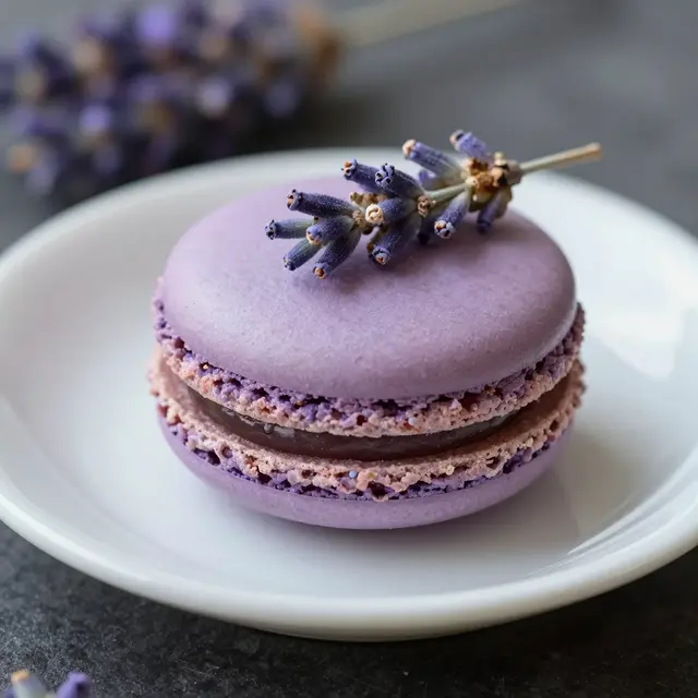 A close-up of a purple lavender macaron topped with a fresh lavender sprig resting on a small white ceramic plate.