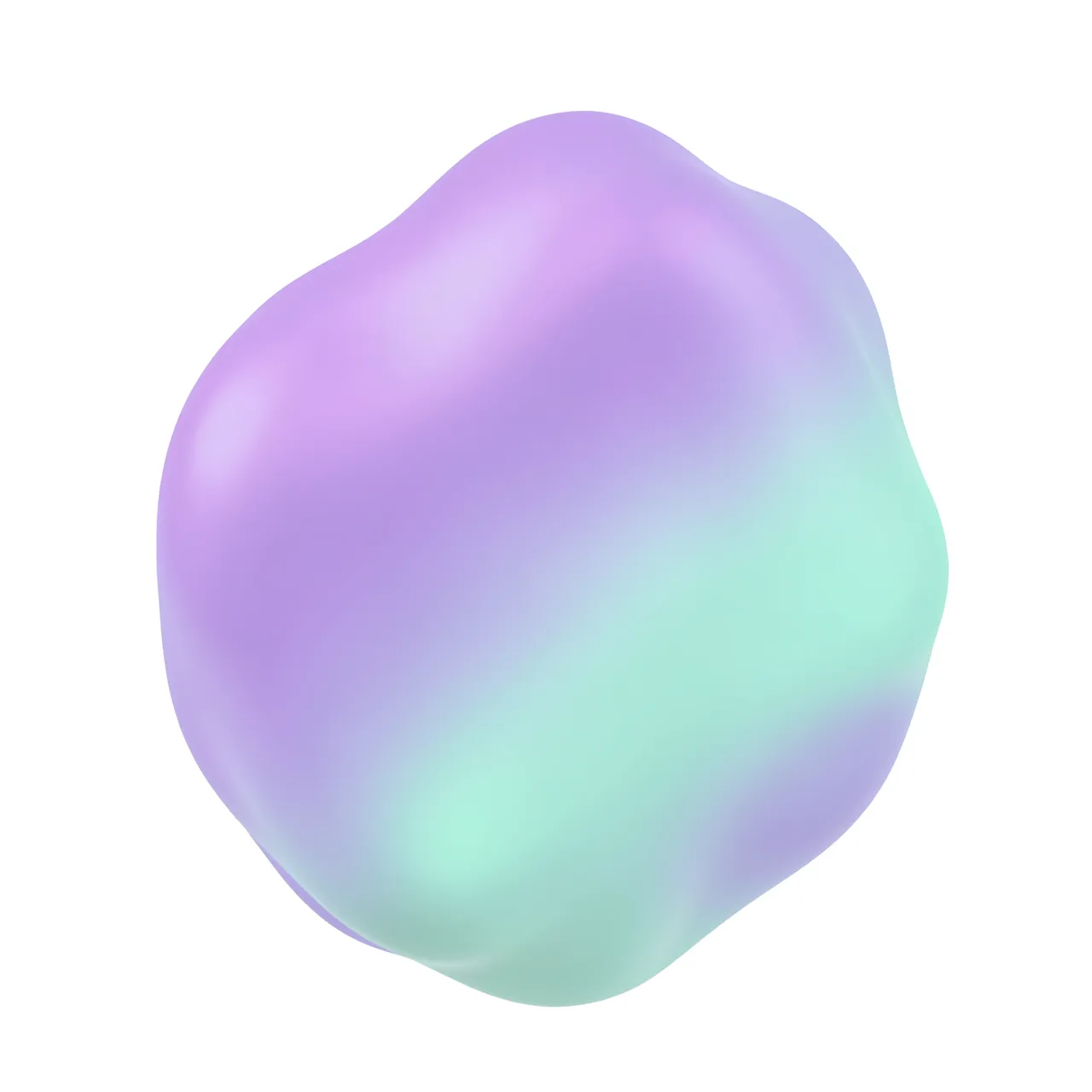 A smooth glossy abstract gradient blob blending lavender purple and soft mint green against a plain white background