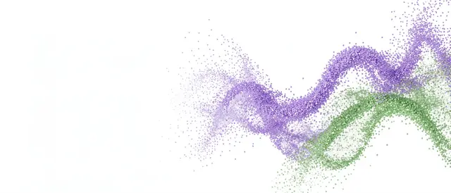Wavy purple and green particle trails sit against a plain white background with empty copy space on the left.