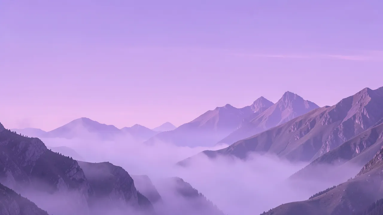 Layered violet mountain ranges rise through drifting mist under a soft lilac gradient sky