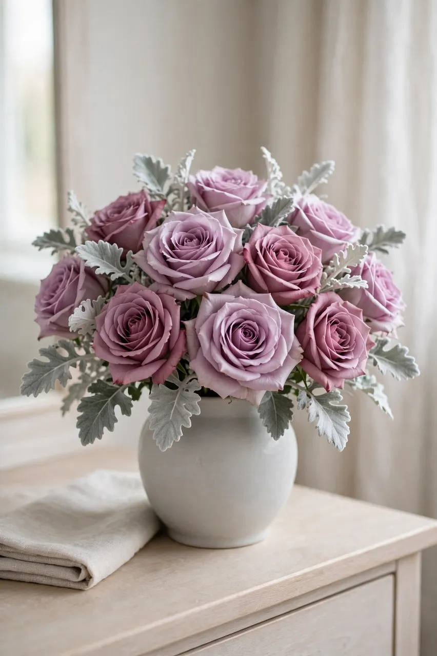 A bouquet of mauve and lavender roses with silver foliage sits in a pale gray ceramic vase on a light wood dressing table.