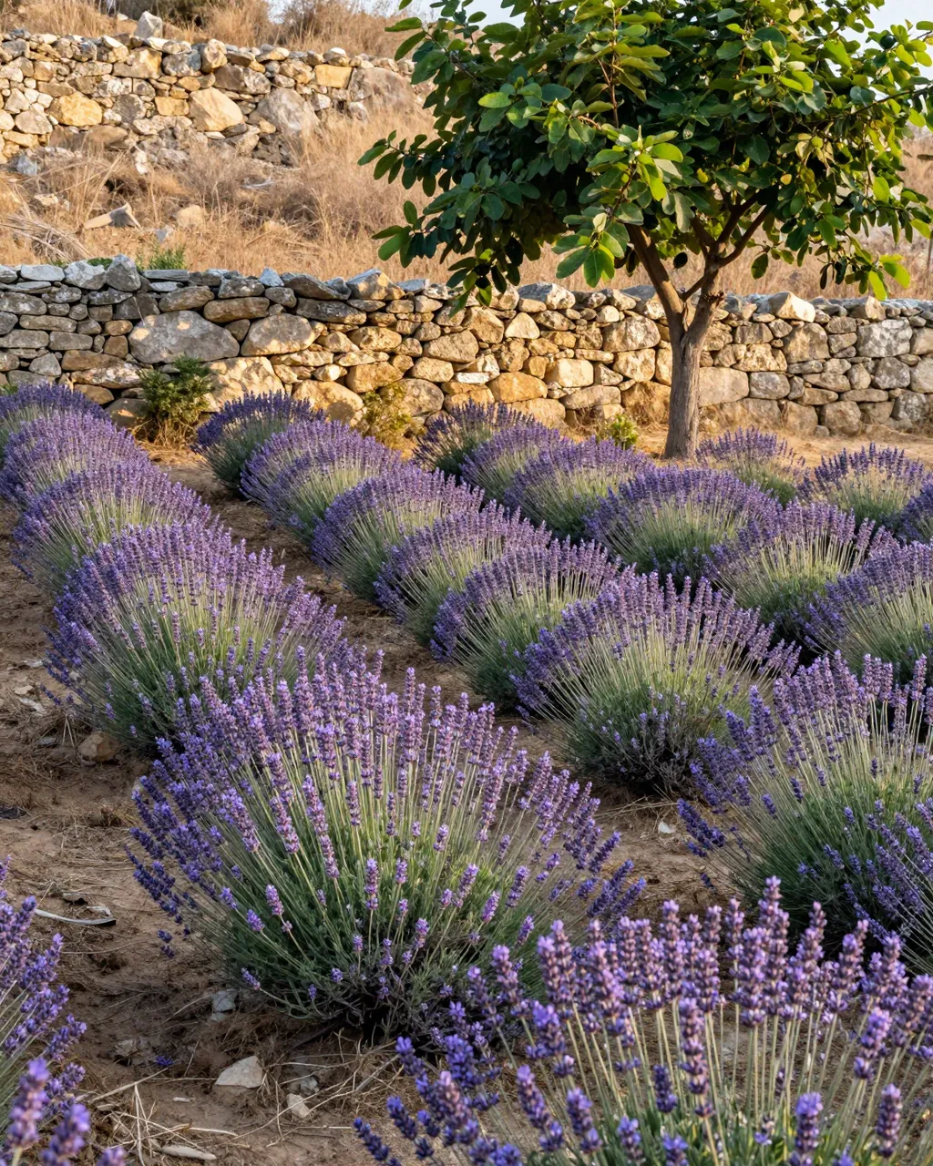 Neat rows of lavender grow beside a dry stone wall and leafy fig tree in warm low morning light