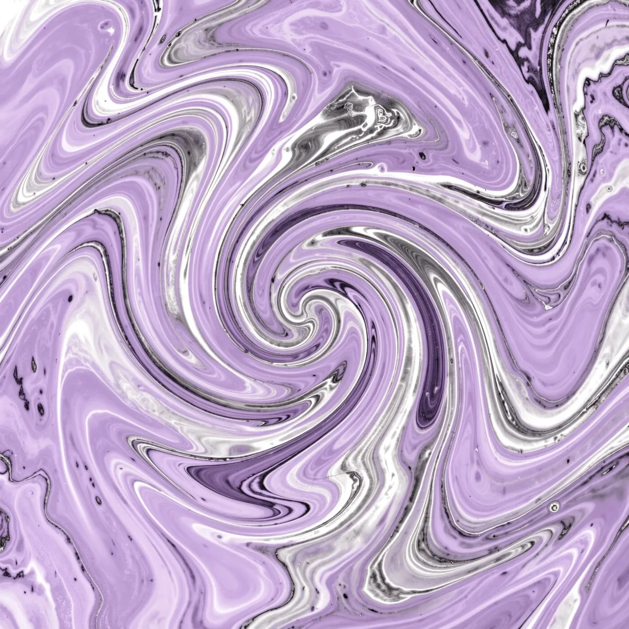 A smooth swirling abstract marble pattern in lavender, purple, silver and white tones