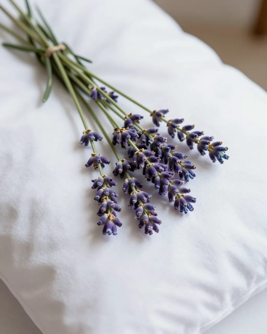 A tied bunch of fresh lavender sprigs rests on a soft white fabric pillow