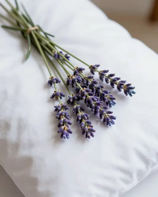 A tied bunch of fresh lavender sprigs rests on a soft white fabric pillow