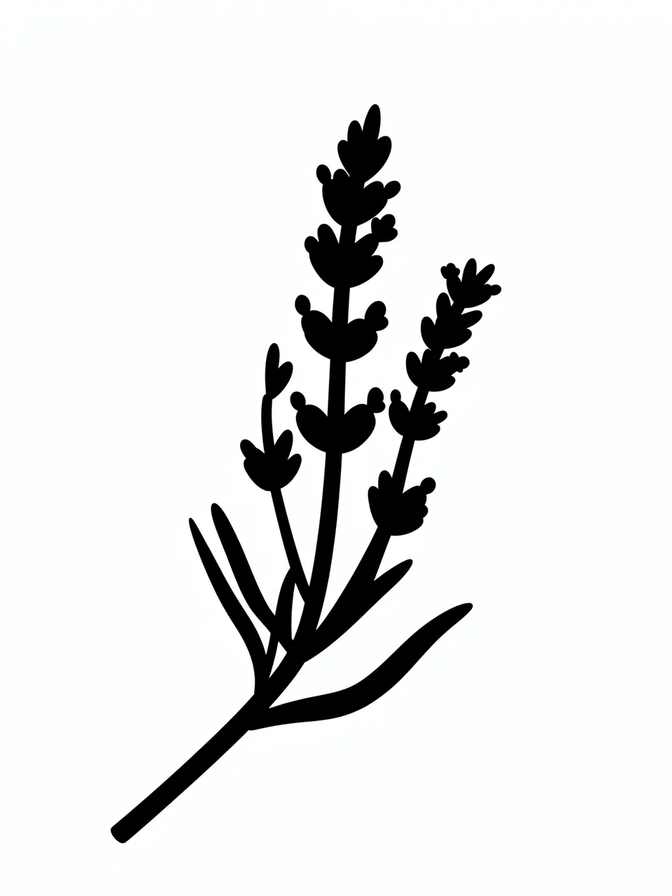 Solid black silhouette of a lavender sprig with tiny bud details on a plain white background