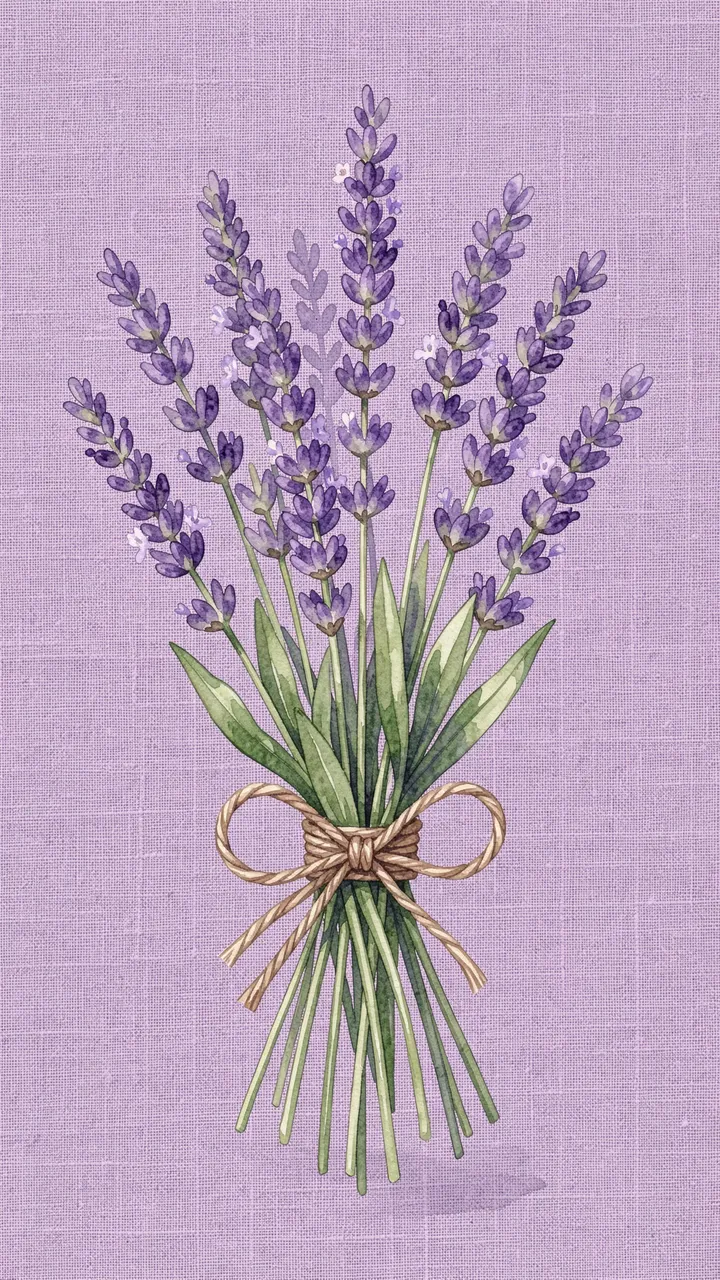 Watercolor lavender sprigs tied with twine arranged on a textured lilac linen background