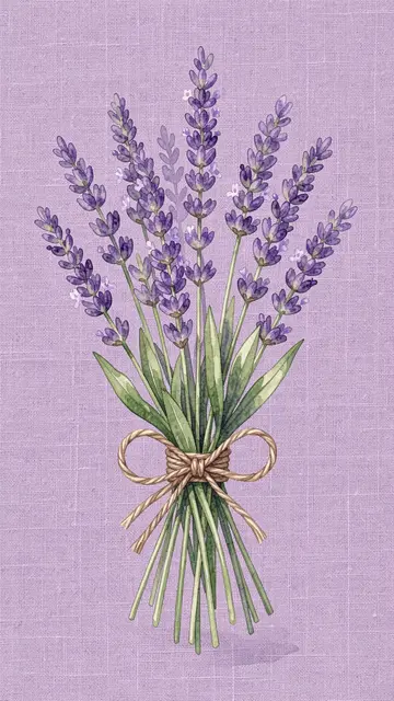 Watercolor lavender sprigs tied with twine arranged on a textured lilac linen background
