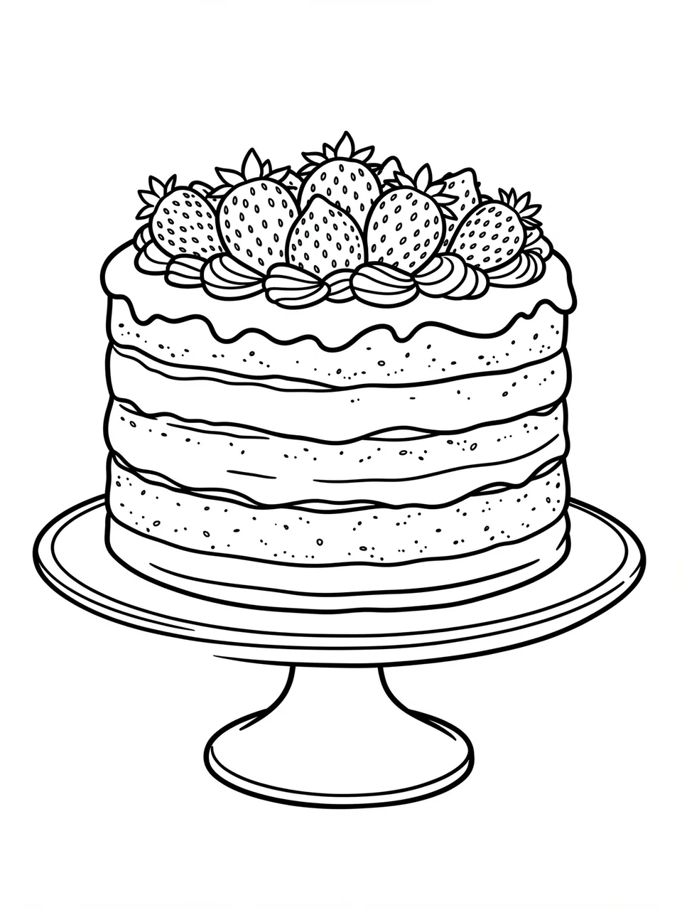 Black and white line art of a stacked layer cake with strawberries on a cake stand