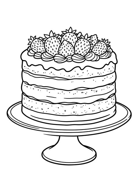 Black and white line art of a stacked layer cake with strawberries on a cake stand