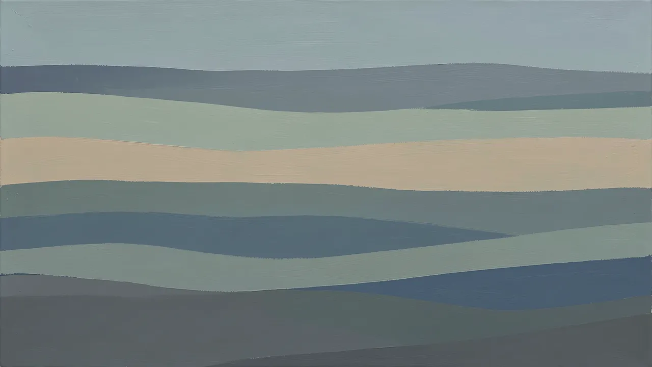 Minimalist abstract landscape painting with soft wavy horizontal bands in sage, sand and slate blue tones