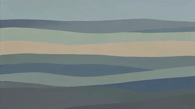 Minimalist abstract landscape painting with soft wavy horizontal bands in sage, sand and slate blue tones