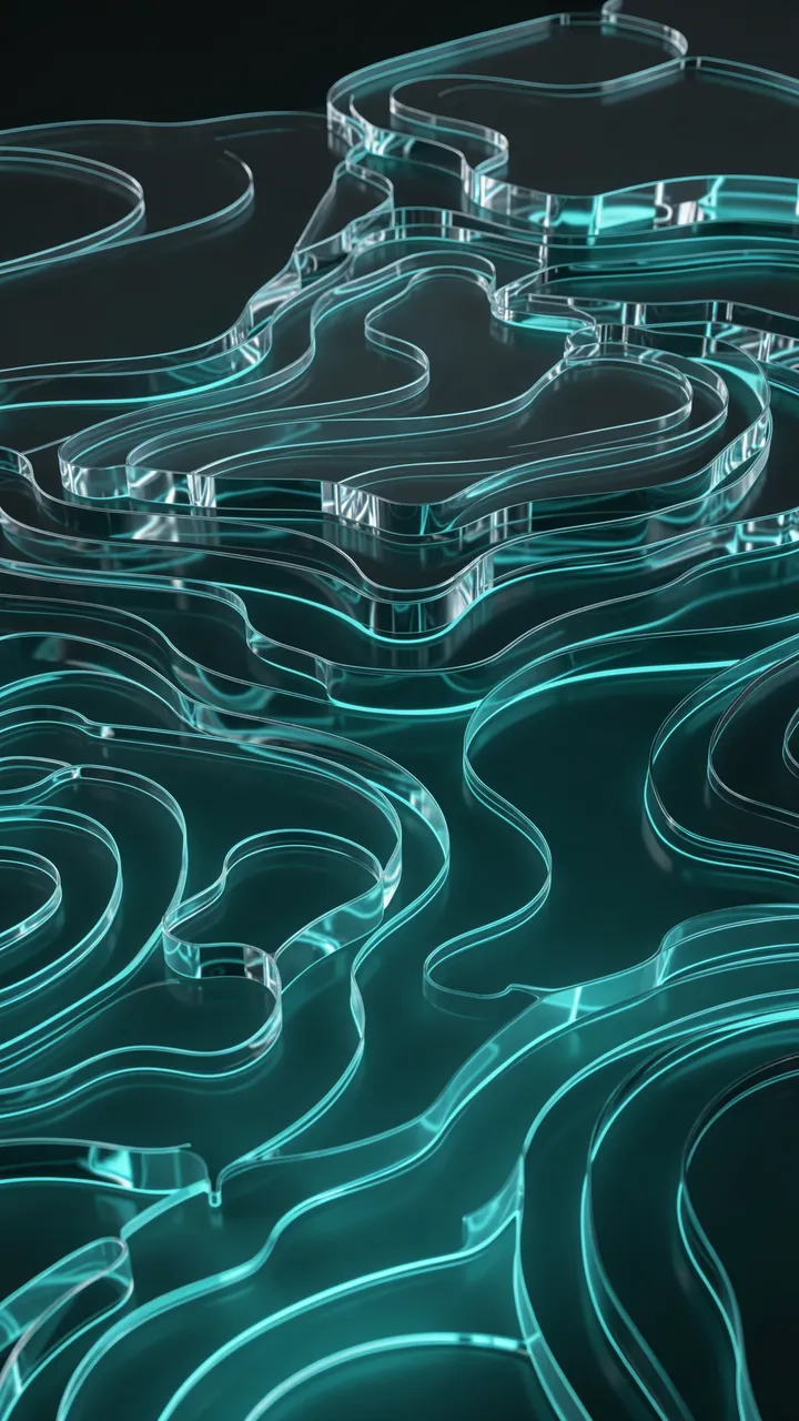 Translucent stacked acrylic topographic layers glow with teal backlighting against a dark background