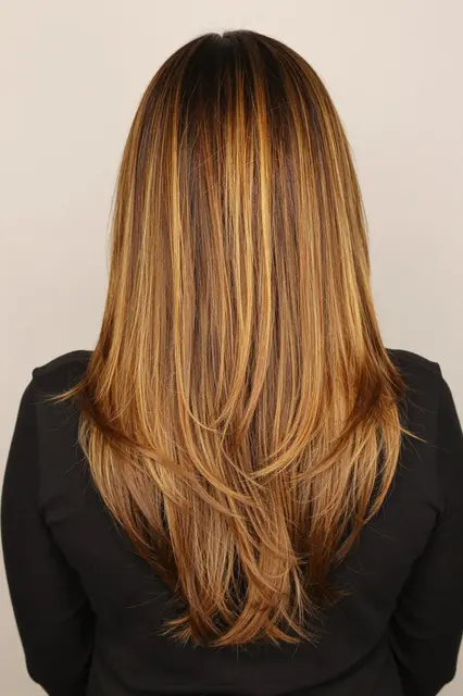 Back view of a woman with long layered golden balayage hair wearing a plain black top