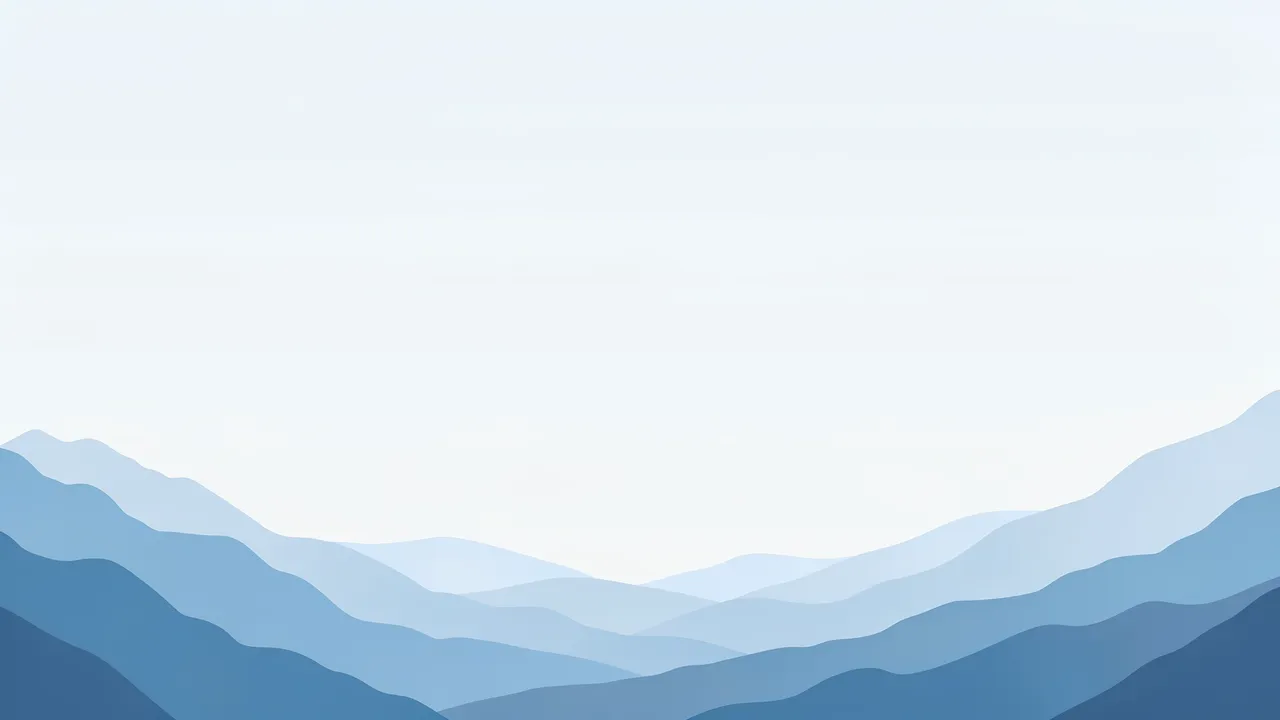 Soft layered blue mountain silhouettes sit along the bottom with empty pale copy space above