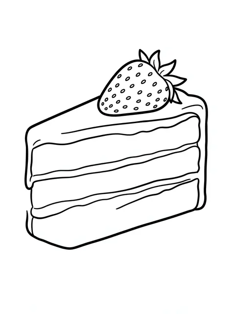 Bold black line drawing of a layered cake slice topped with a strawberry on a plain white background