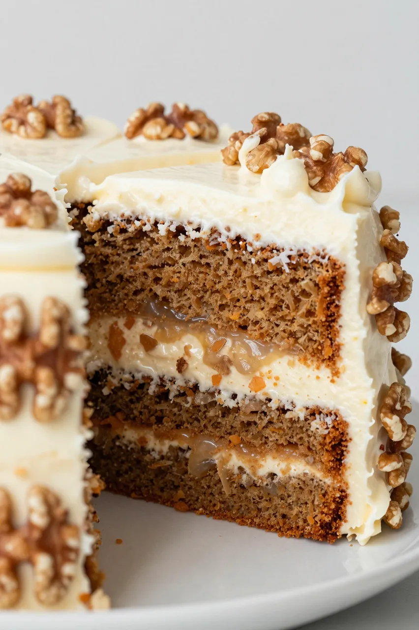 Close-up of a sliced three layer carrot cake topped with walnuts and cream cheese frosting on a white plate