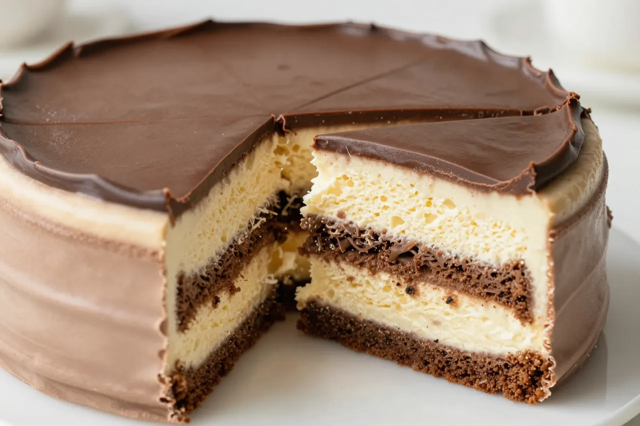 Whole chocolate and vanilla layered cake with one slice partially separated on a white plate