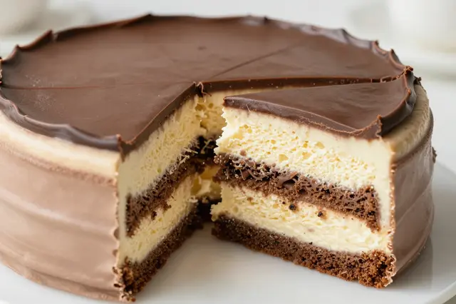 Whole chocolate and vanilla layered cake with one slice partially separated on a white plate