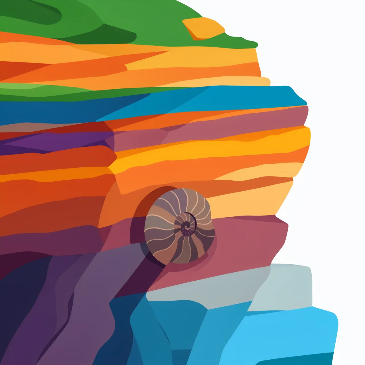 Flat vector illustration of a stratified colorful rock cliff with an ammonite fossil protruding from its layers