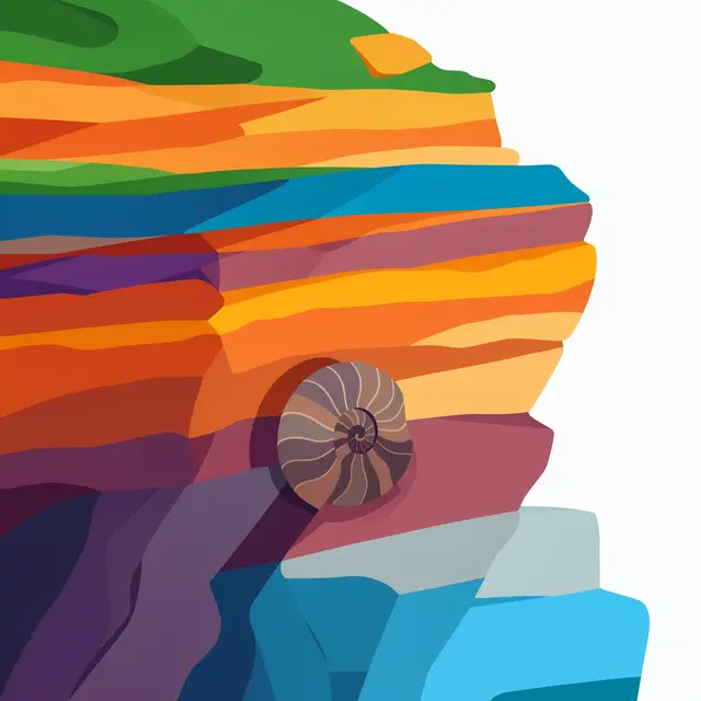 Flat vector illustration of a stratified colorful rock cliff with an ammonite fossil protruding from its layers