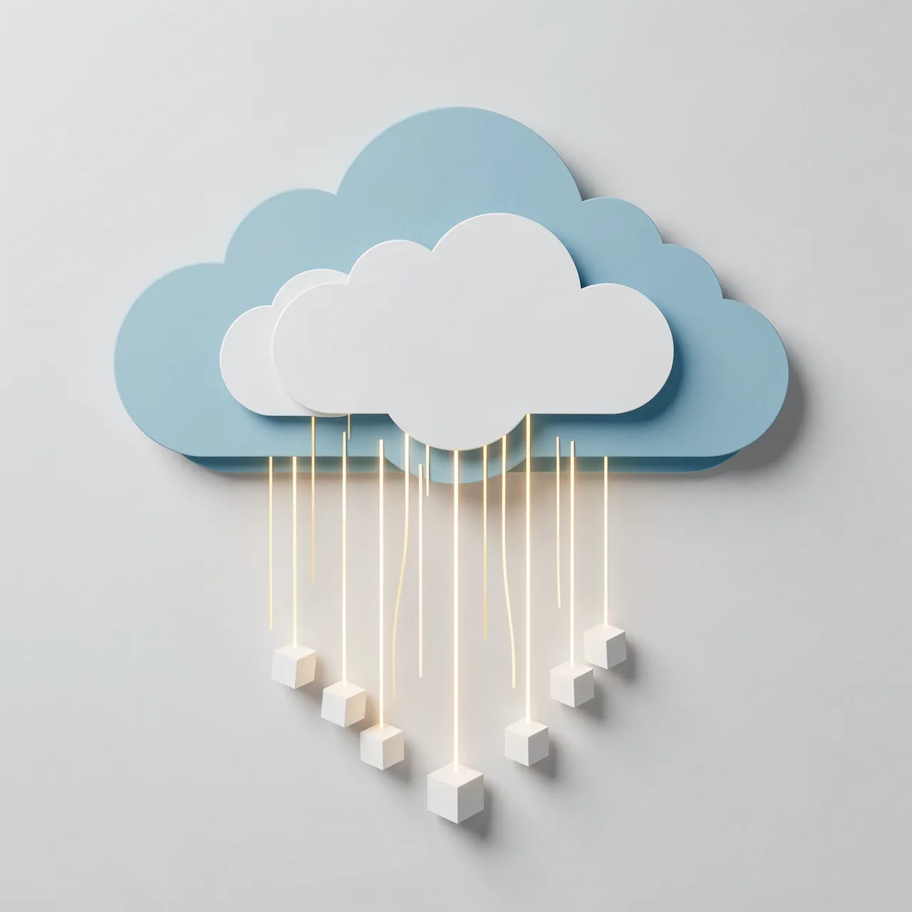 Paper cut layered cloud with glowing lines connecting to small white data cubes on a plain light background