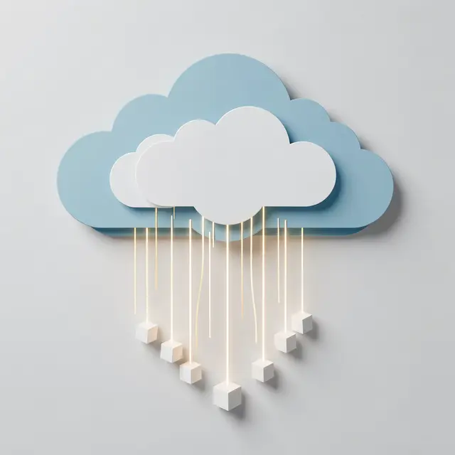 Paper cut layered cloud with glowing lines connecting to small white data cubes on a plain light background