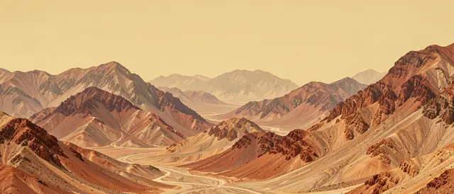 Stacked rust and sand colored desert mountains sit beneath a pale mustard hazy sky