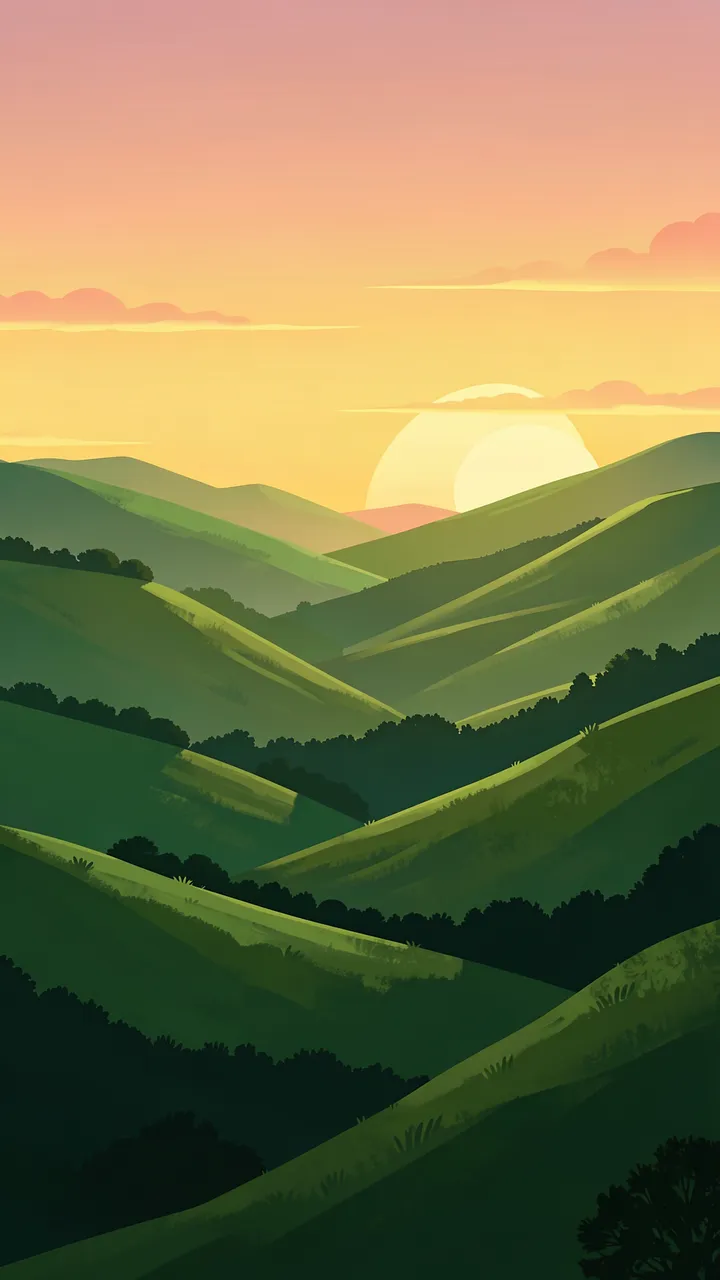Vertical illustration of rolling layered green hills under a warm pink and yellow sunrise sky