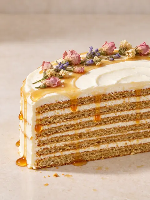 Sliced layered honey cake with cream frosting, honey drizzle, and dried floral toppers on a pale countertop