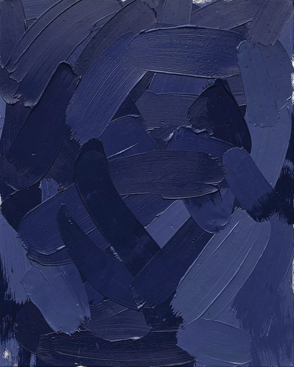 Close-up of thick overlapping textured brush strokes in varying layered shades of indigo blue