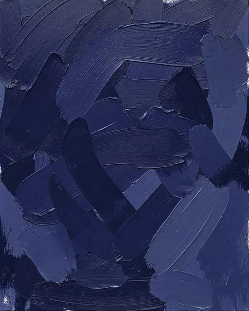 Close-up of thick overlapping textured brush strokes in varying layered shades of indigo blue