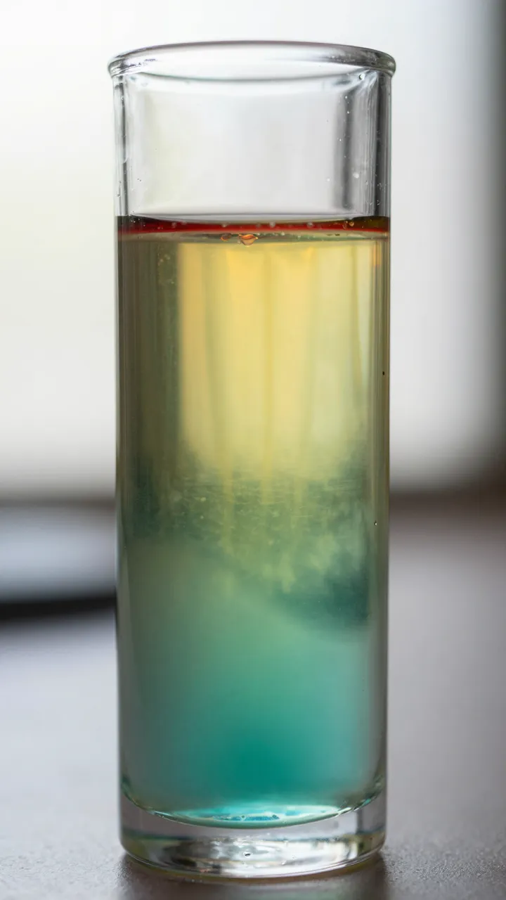 Tall clear glass cylinder holds gradient layered colored liquids backlit on a neutral surface