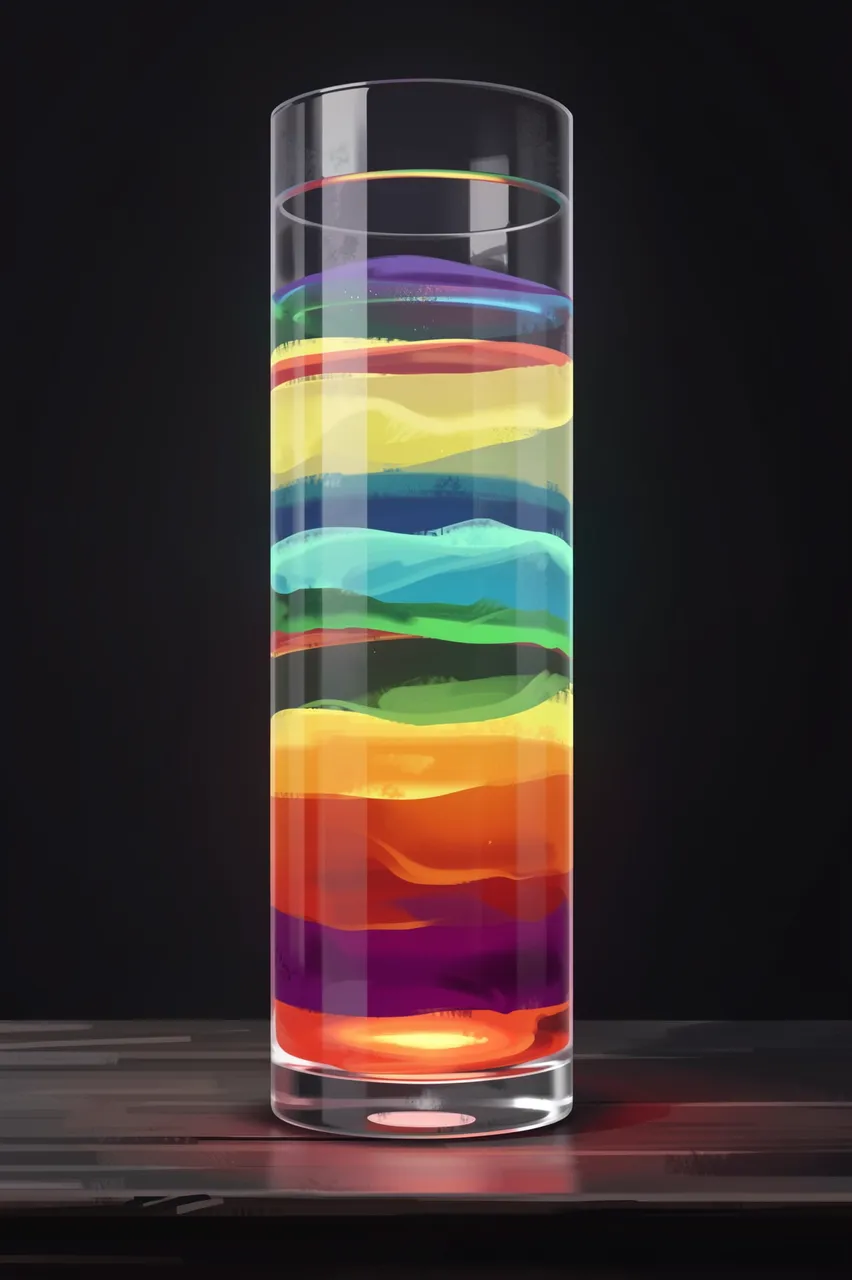 A tall glass cylinder holds glowing stacked colored liquids resting on a dark wooden bench