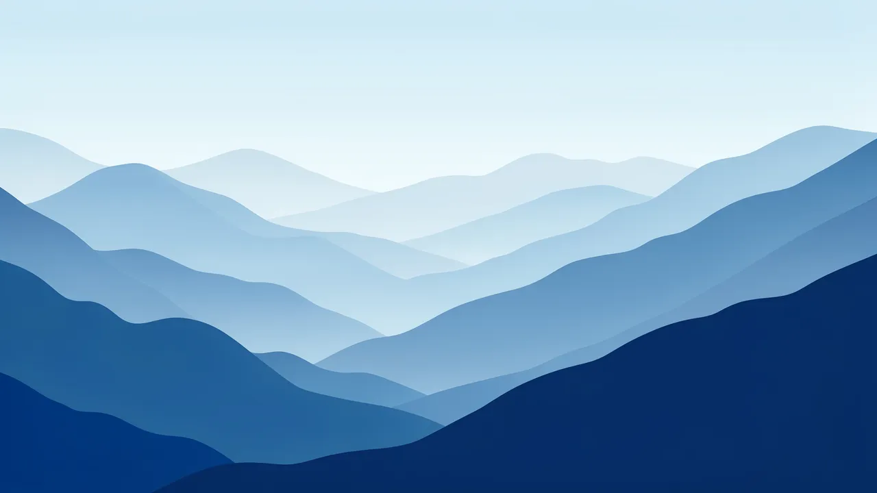 Flat vector illustration of layered blue mountain ridges fading into soft morning mist