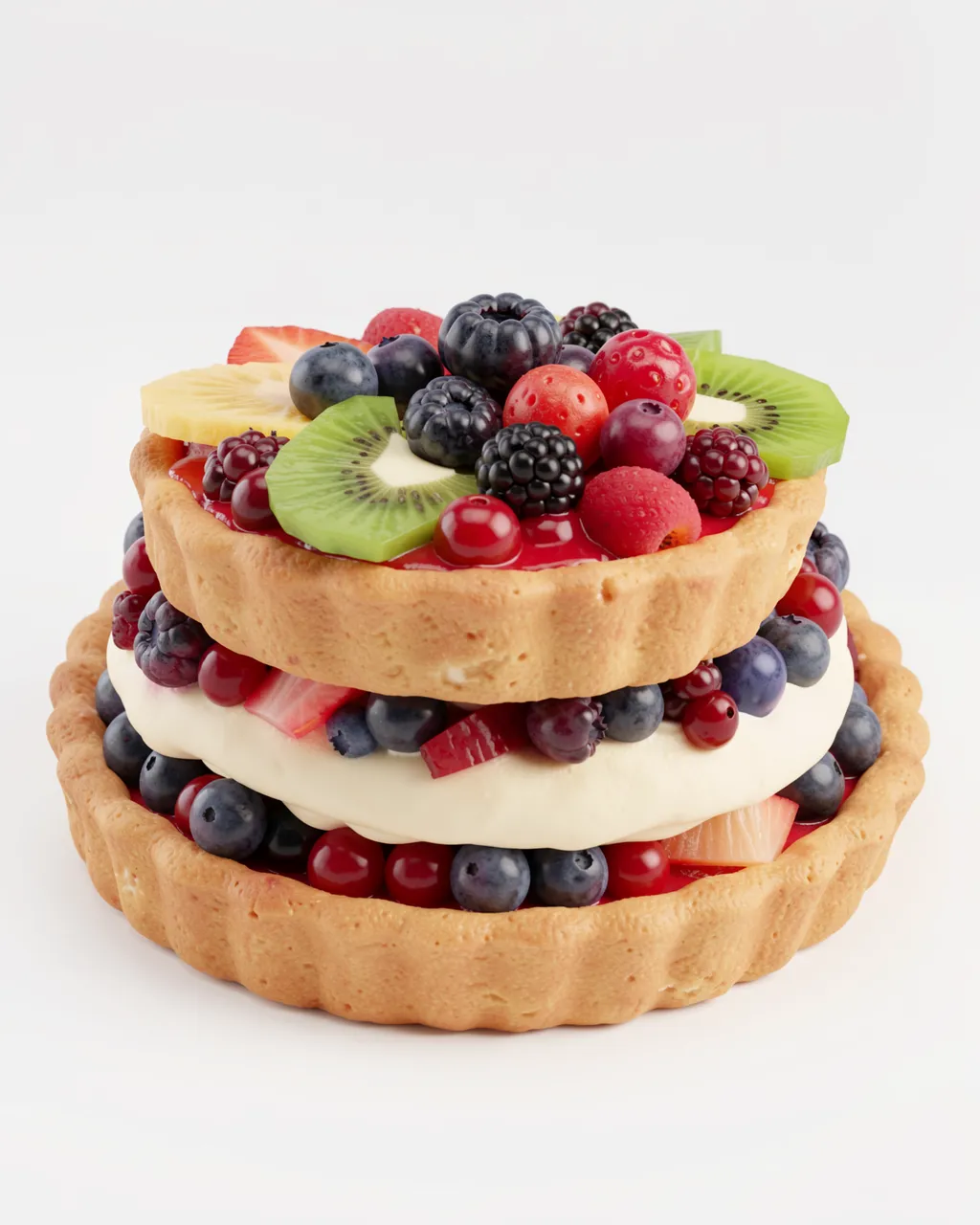 3D render of a stacked layered fruit tart topped with fresh berries and kiwi slices against a plain white background
