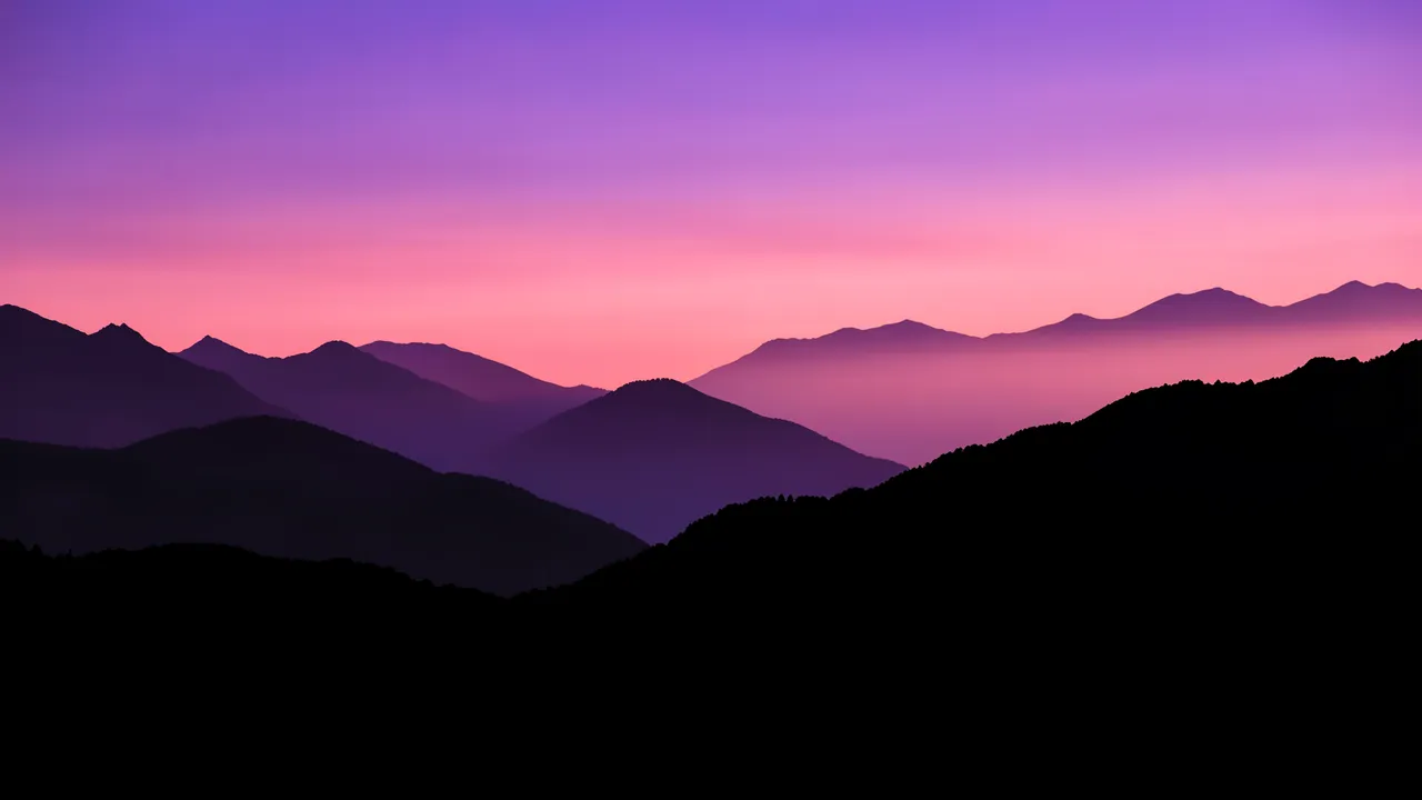 Black and purple layered mountain ridges stand against a smooth violet to rose twilight sky.