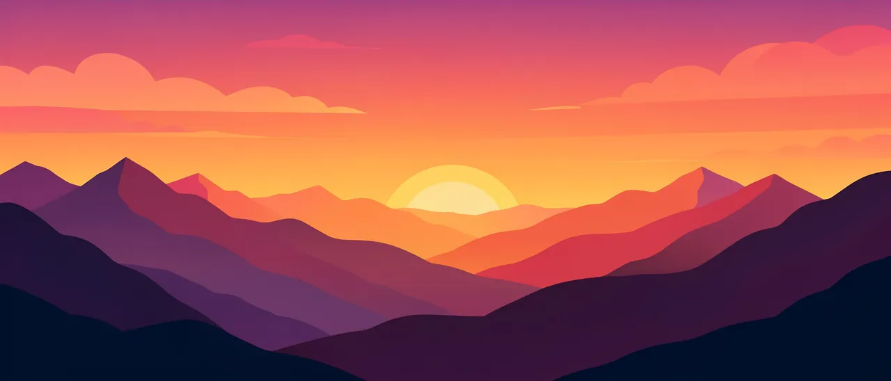 Flat illustration of gradient layered mountain ranges beneath a warm sunset sky with soft clouds